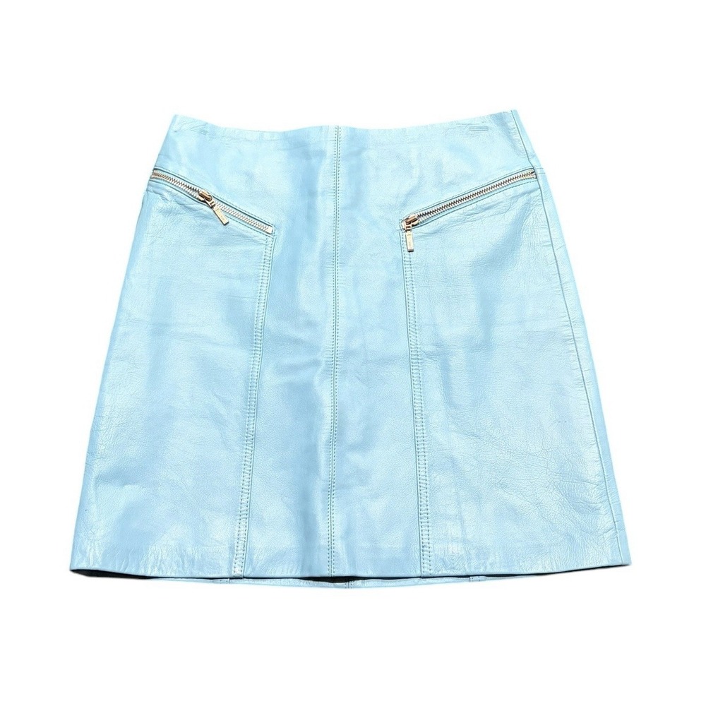 Vintage Cache 100% Leather Mini Skirt Size 0 Sky Blue Zip Pocket Y2K 90s 2000s